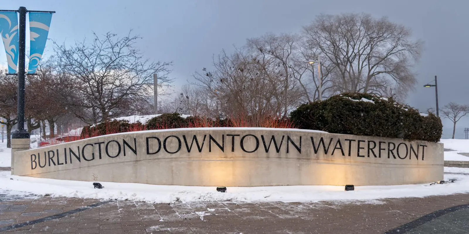 The Burlington Downtown Waterfront marker beside Lake Ontario in winter